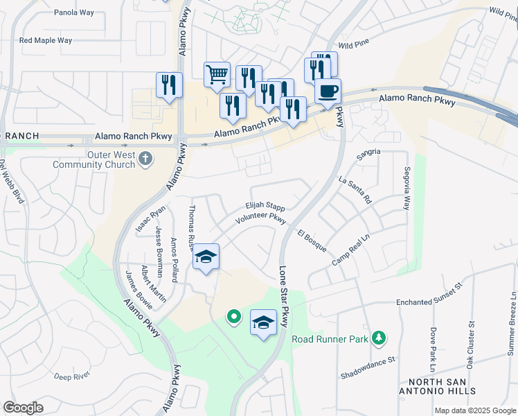 map of restaurants, bars, coffee shops, grocery stores, and more near 11819 Elijah Stapp in San Antonio