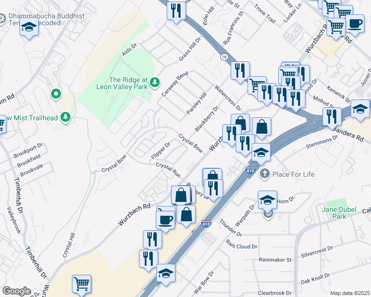 map of restaurants, bars, coffee shops, grocery stores, and more near 6305 Aspen Hill in San Antonio