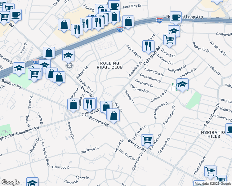 map of restaurants, bars, coffee shops, grocery stores, and more near 5439 Callaghan Road in San Antonio