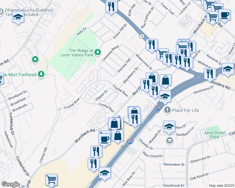 map of restaurants, bars, coffee shops, grocery stores, and more near 6305 Aspen Hill in San Antonio