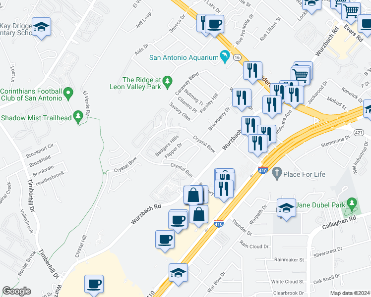map of restaurants, bars, coffee shops, grocery stores, and more near 5025 Stowers Boulevard in San Antonio