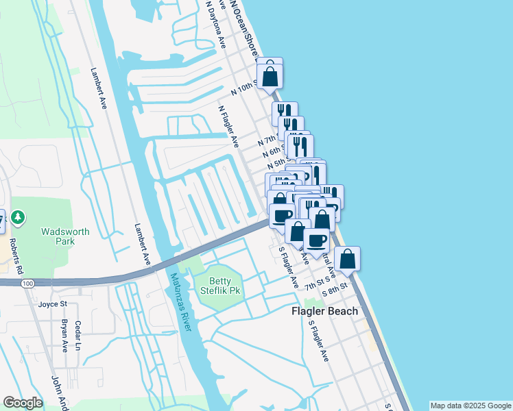 map of restaurants, bars, coffee shops, grocery stores, and more near 119 North Flagler Avenue in Flagler Beach
