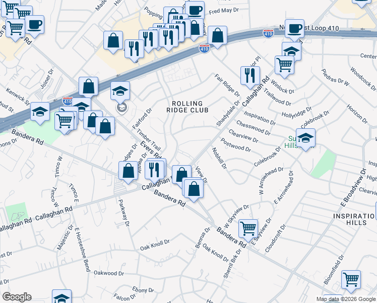 map of restaurants, bars, coffee shops, grocery stores, and more near 5025 Concord Ridge in San Antonio