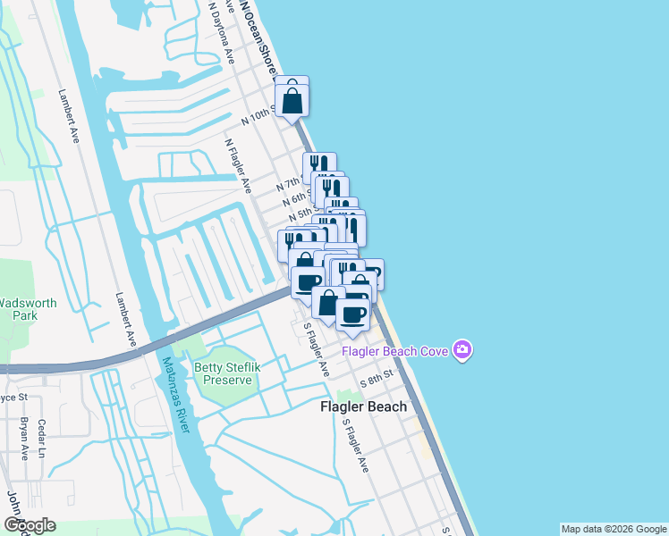 map of restaurants, bars, coffee shops, grocery stores, and more near 200 Moody Boulevard in Flagler Beach