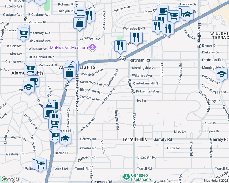 map of restaurants, bars, coffee shops, grocery stores, and more near 303 Ridgemont Avenue in San Antonio