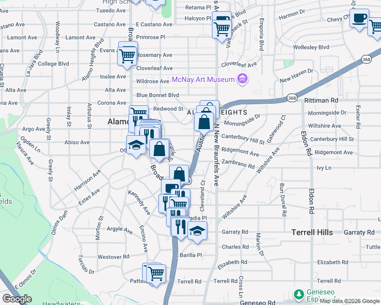 map of restaurants, bars, coffee shops, grocery stores, and more near 126 Routt Street in San Antonio