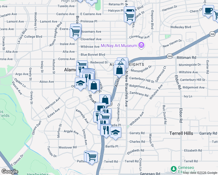 map of restaurants, bars, coffee shops, grocery stores, and more near 126 Routt Street in San Antonio