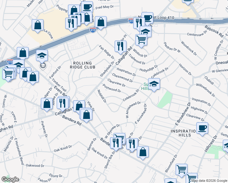 map of restaurants, bars, coffee shops, grocery stores, and more near 138 Postwood Drive in San Antonio
