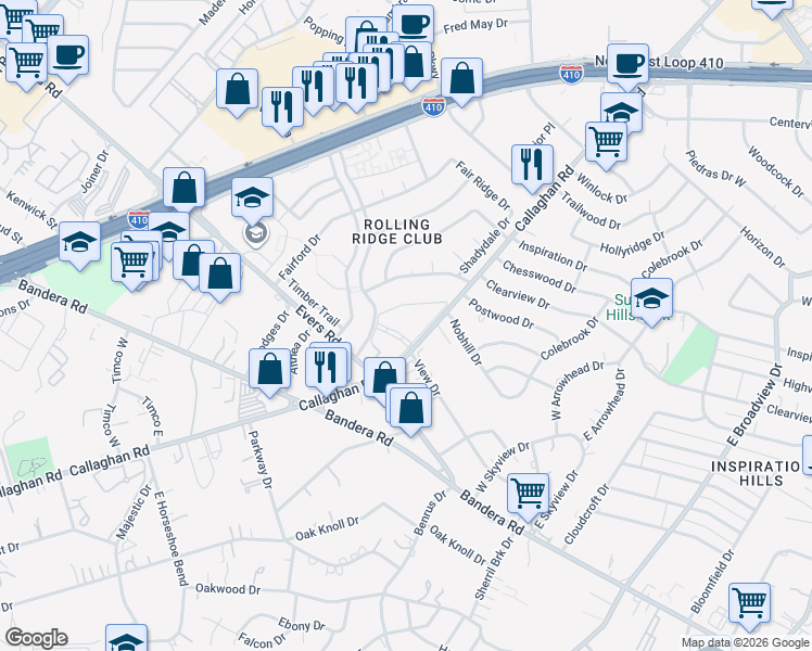 map of restaurants, bars, coffee shops, grocery stores, and more near 5025 Concord Ridge in San Antonio