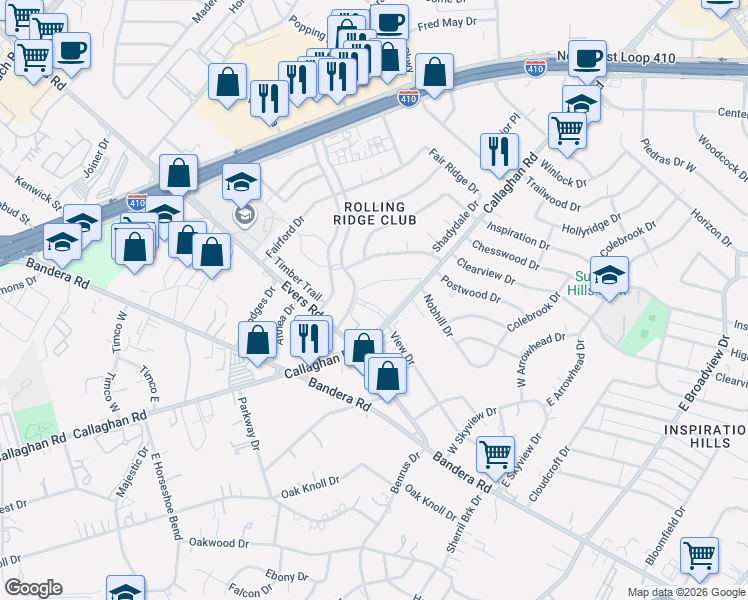 map of restaurants, bars, coffee shops, grocery stores, and more near 5025 Concord Ridge in San Antonio