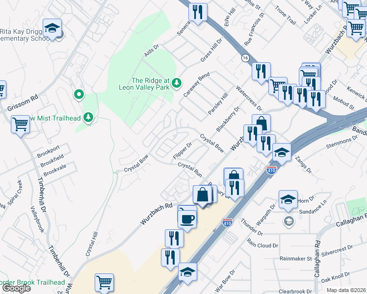 map of restaurants, bars, coffee shops, grocery stores, and more near 24 Badgers Hills in San Antonio