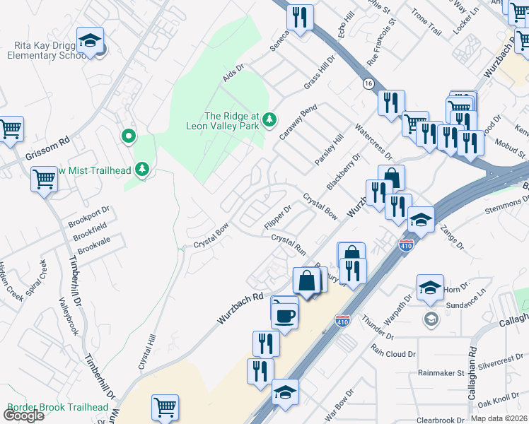 map of restaurants, bars, coffee shops, grocery stores, and more near 24 Badgers Hills in San Antonio
