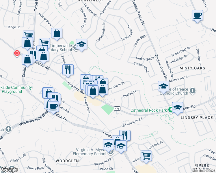 map of restaurants, bars, coffee shops, grocery stores, and more near 5276 Meadow Rise Street in San Antonio