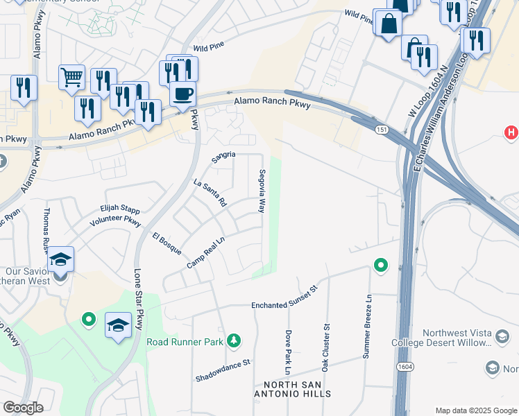 map of restaurants, bars, coffee shops, grocery stores, and more near 4914 Segovia Way in San Antonio