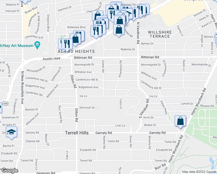 map of restaurants, bars, coffee shops, grocery stores, and more near 607 Ridgemont Avenue in San Antonio