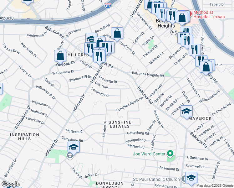 map of restaurants, bars, coffee shops, grocery stores, and more near 3727 Longridge Drive in San Antonio