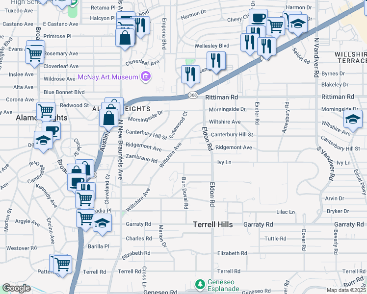 map of restaurants, bars, coffee shops, grocery stores, and more near 303 Ridgemont Avenue in San Antonio