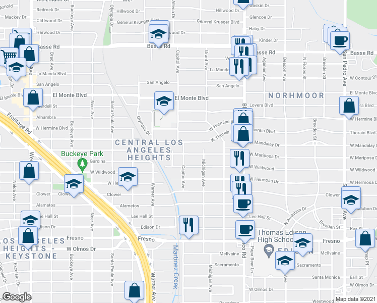 map of restaurants, bars, coffee shops, grocery stores, and more near 1031 West Mariposa Drive in San Antonio