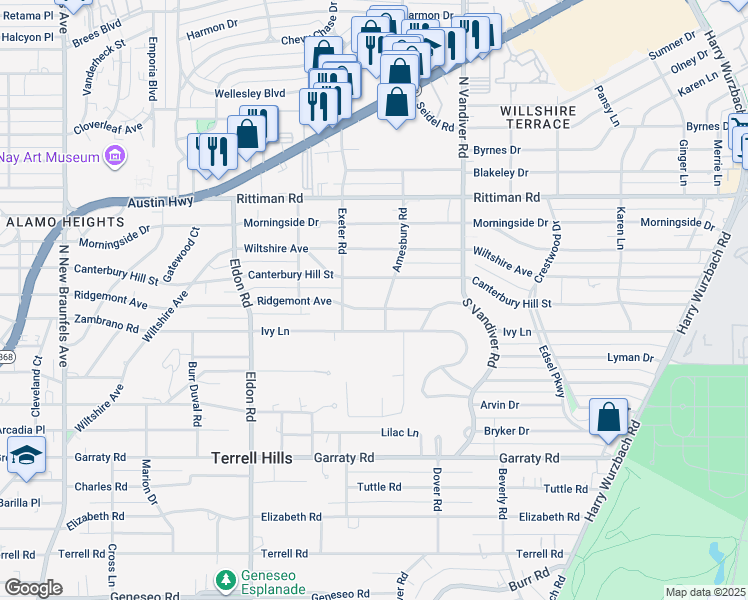 map of restaurants, bars, coffee shops, grocery stores, and more near 607 Ridgemont Avenue in San Antonio