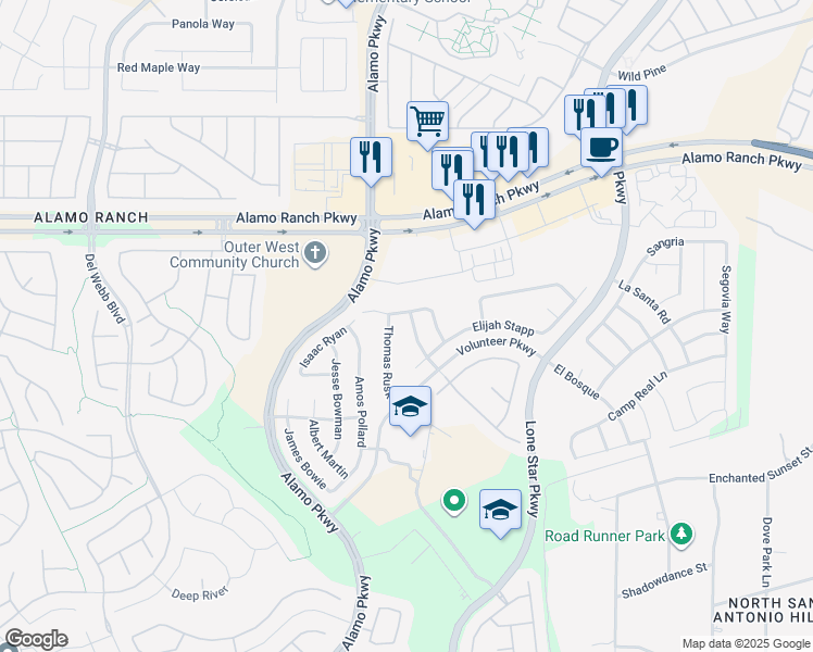 map of restaurants, bars, coffee shops, grocery stores, and more near 4742 Thomas Rusk in San Antonio