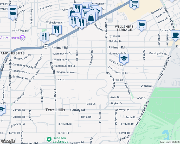 map of restaurants, bars, coffee shops, grocery stores, and more near 701 Ridgemont Avenue in San Antonio