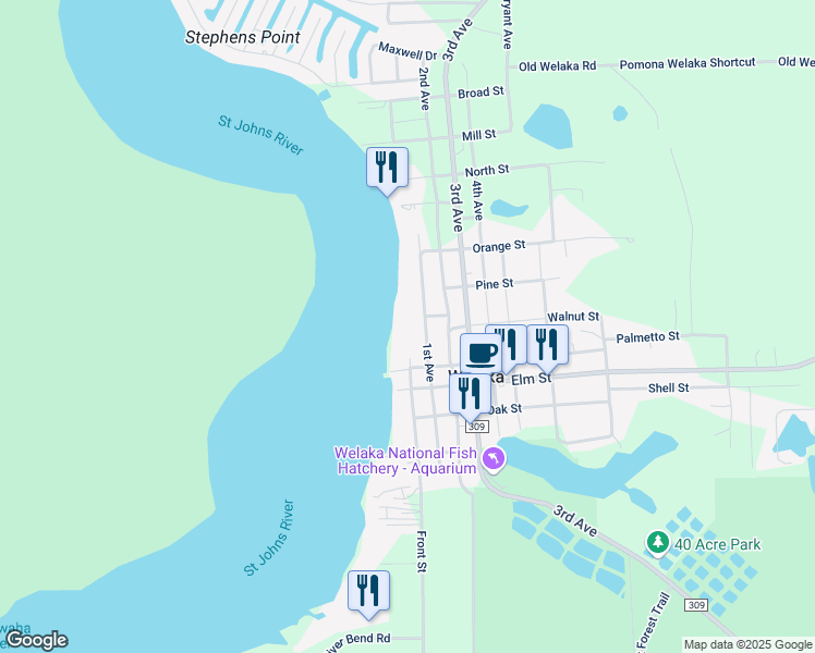 map of restaurants, bars, coffee shops, grocery stores, and more near 601 1st Avenue in Welaka