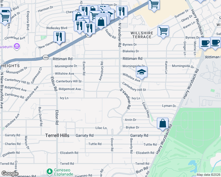 map of restaurants, bars, coffee shops, grocery stores, and more near 801 Ridgemont Avenue in San Antonio