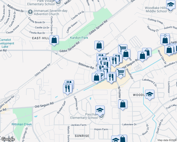 map of restaurants, bars, coffee shops, grocery stores, and more near 5922 Arcturus in San Antonio