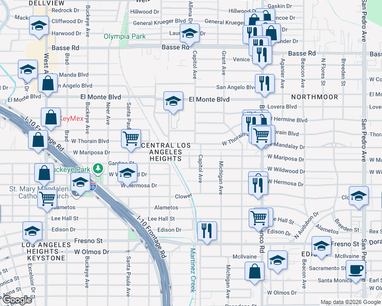 map of restaurants, bars, coffee shops, grocery stores, and more near 1119 West Mariposa Drive in San Antonio