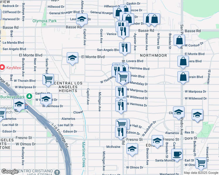 map of restaurants, bars, coffee shops, grocery stores, and more near 839 West Mariposa Drive in San Antonio