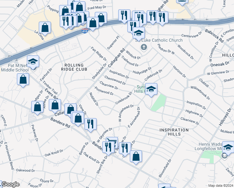 map of restaurants, bars, coffee shops, grocery stores, and more near 115 Postwood Dr in San Antonio