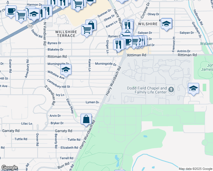 map of restaurants, bars, coffee shops, grocery stores, and more near 1029 Canterbury Hill Street in San Antonio