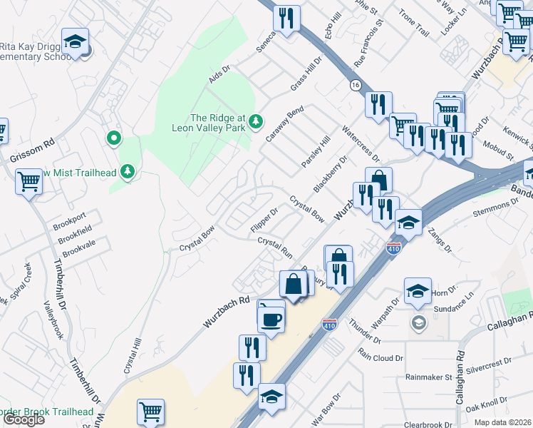 map of restaurants, bars, coffee shops, grocery stores, and more near 24 Badgers Hills in San Antonio