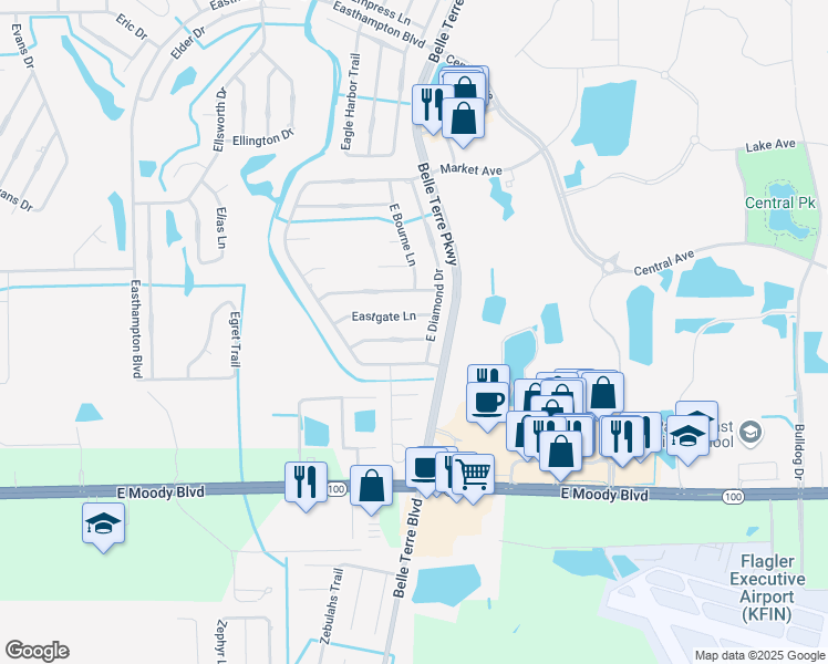 map of restaurants, bars, coffee shops, grocery stores, and more near 19 Eastman Ln in Palm Coast