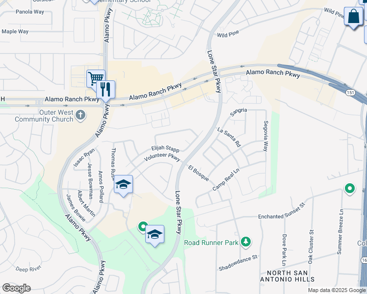 map of restaurants, bars, coffee shops, grocery stores, and more near 11715 Elijah Stapp in San Antonio