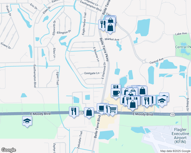 map of restaurants, bars, coffee shops, grocery stores, and more near 15 Eastman Lane in Palm Coast