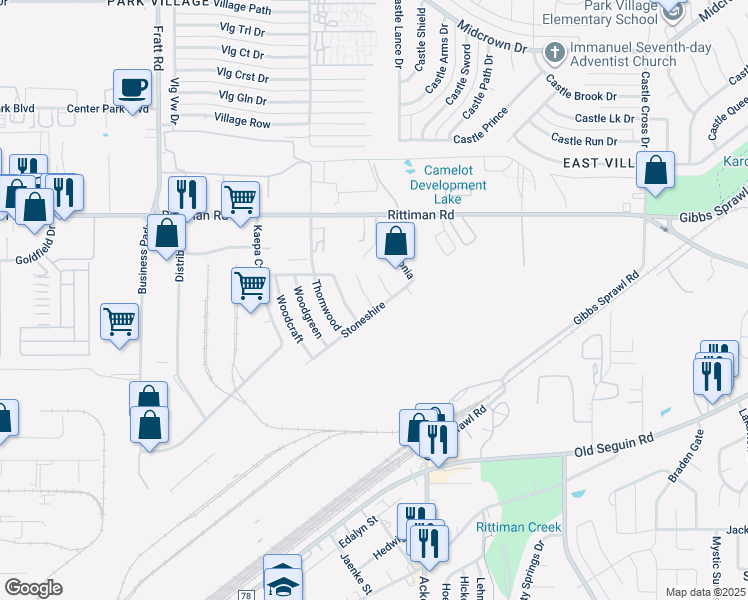 map of restaurants, bars, coffee shops, grocery stores, and more near 5807 Woodhollow in San Antonio