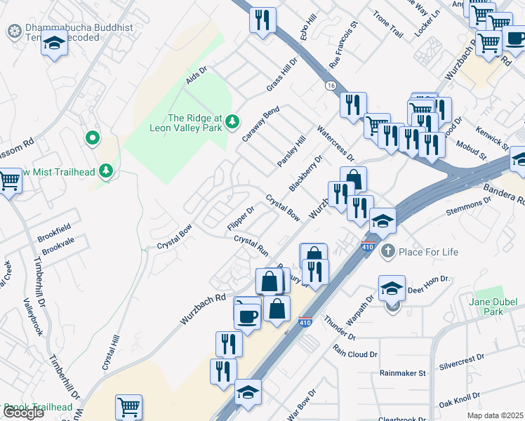 map of restaurants, bars, coffee shops, grocery stores, and more near 5025 Stowers Boulevard in San Antonio