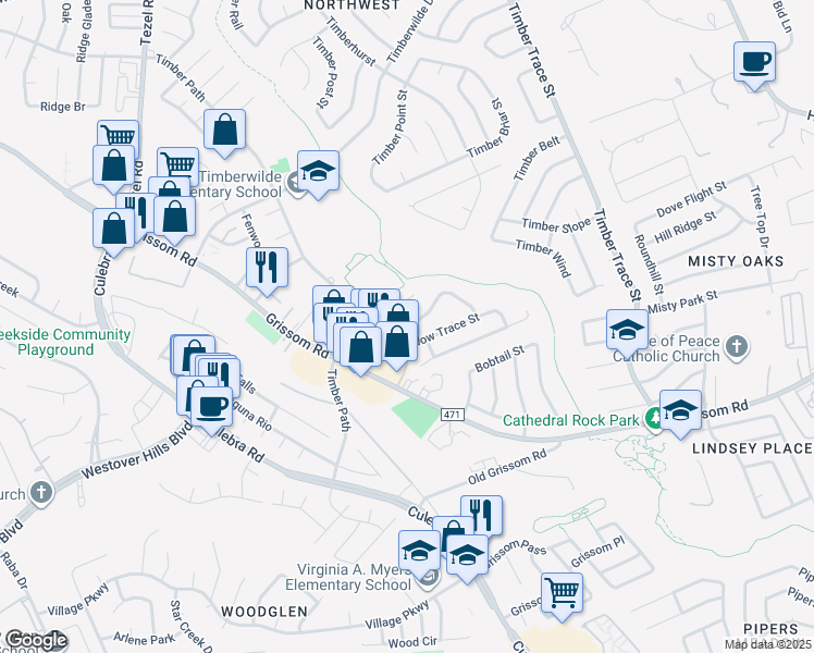 map of restaurants, bars, coffee shops, grocery stores, and more near 5276 Meadow Rise Street in San Antonio