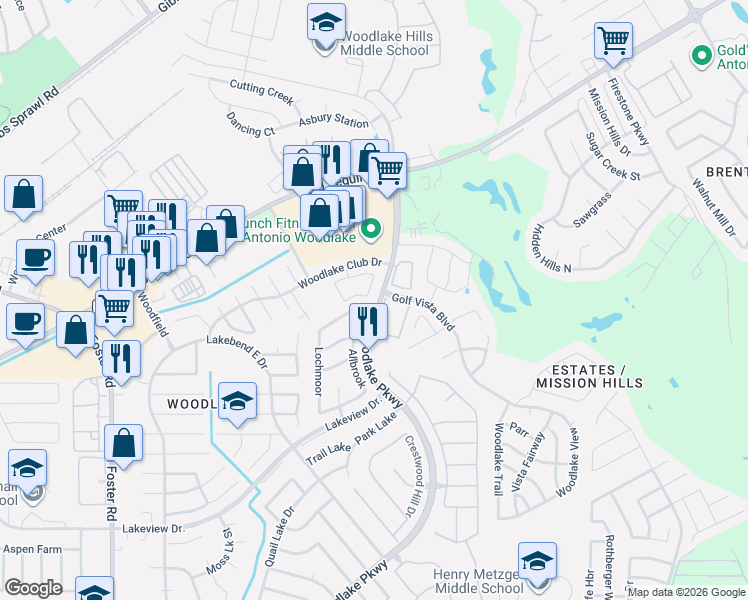 map of restaurants, bars, coffee shops, grocery stores, and more near 6000 Woodlake Parkway in San Antonio