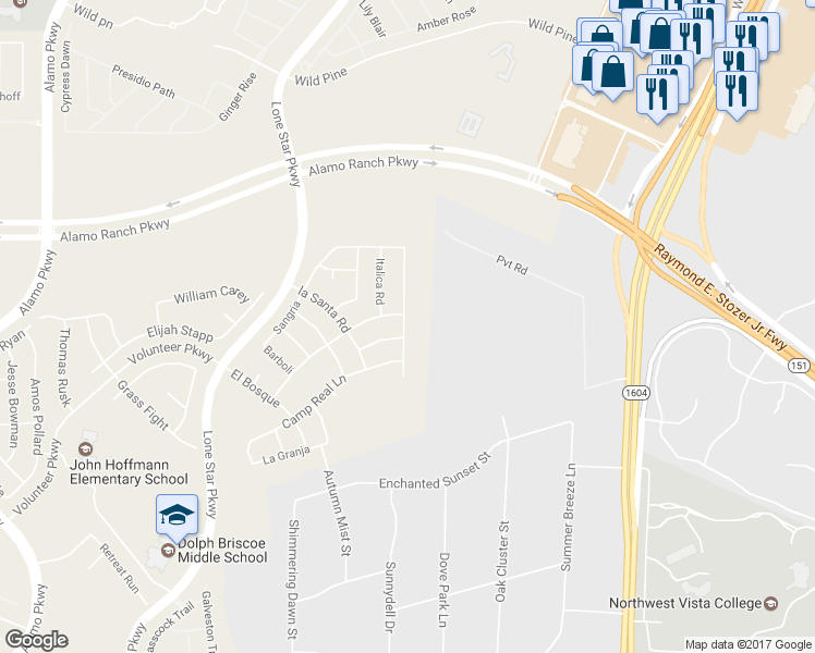 map of restaurants, bars, coffee shops, grocery stores, and more near 4914 Segovia Way in San Antonio