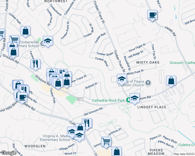 map of restaurants, bars, coffee shops, grocery stores, and more near 8810 Meadow Range Street in San Antonio