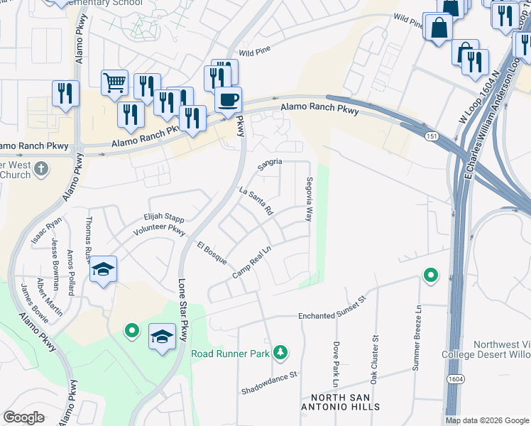 map of restaurants, bars, coffee shops, grocery stores, and more near 4807 La Santa Road in San Antonio