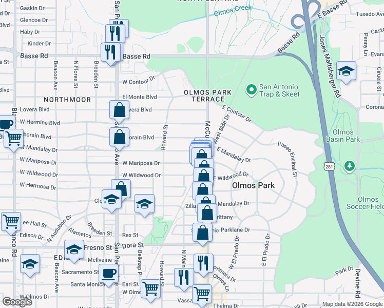 map of restaurants, bars, coffee shops, grocery stores, and more near 122 West Mandalay Drive in San Antonio