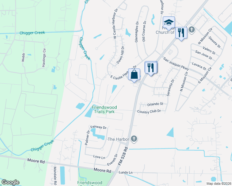 map of restaurants, bars, coffee shops, grocery stores, and more near 2522 Austin Trail in Friendswood
