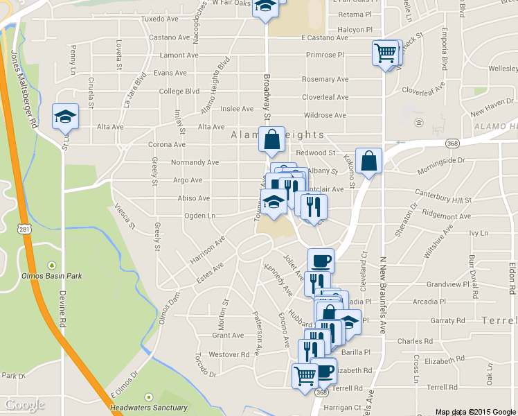 map of restaurants, bars, coffee shops, grocery stores, and more near Ogden Ln & Townsend Ave in Alamo Heights