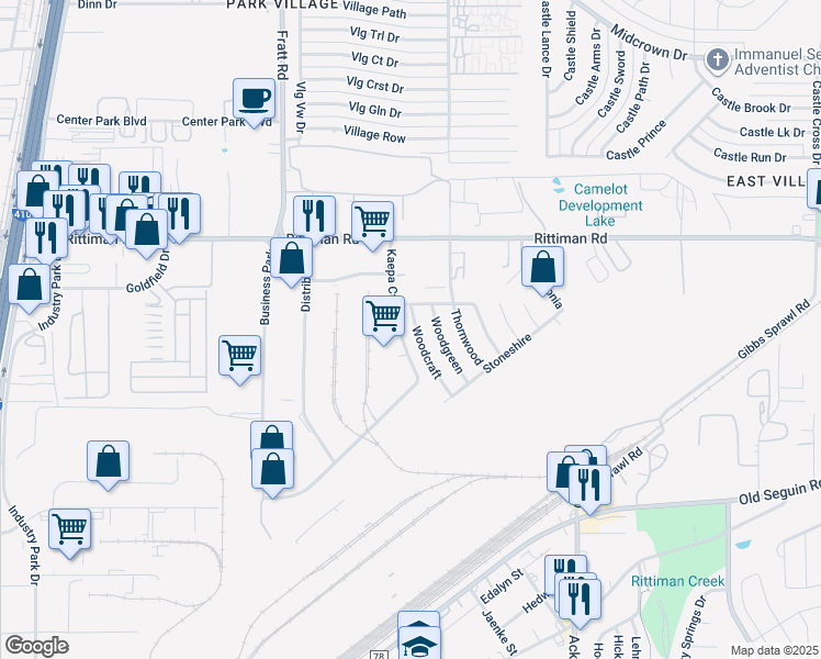 map of restaurants, bars, coffee shops, grocery stores, and more near 5910 Woodcraft in San Antonio