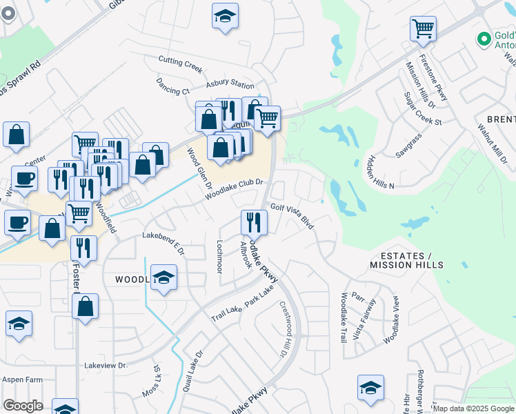 map of restaurants, bars, coffee shops, grocery stores, and more near 6000 Woodlake Parkway in San Antonio