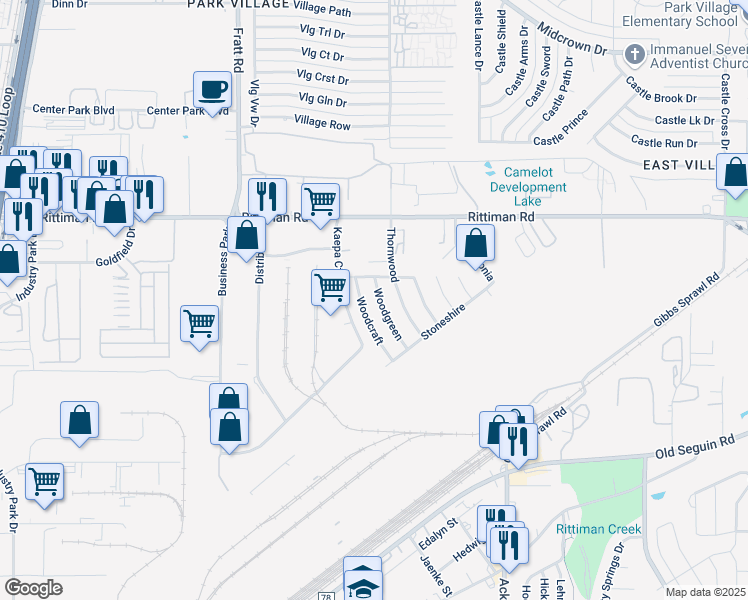 map of restaurants, bars, coffee shops, grocery stores, and more near 5823 Woodgreen in San Antonio