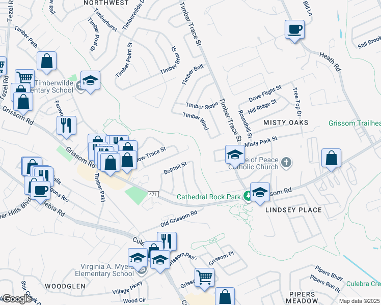 map of restaurants, bars, coffee shops, grocery stores, and more near 8810 Meadow Range Street in San Antonio